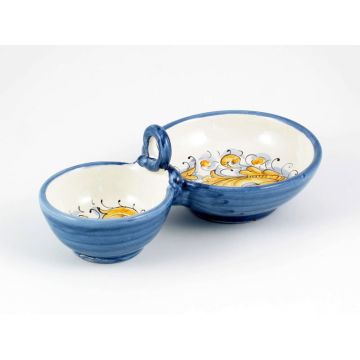 Italian double olive bowl from the Rinascimento Blu e Giallo collection handmade by Ceramiche Rampini in Gubbio, Italy