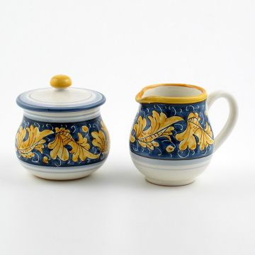 Italian creamer & sugar set from the Rinascimento Blu e Giallo collection handmade by Ceramiche Rampini in Gubbio, Italy