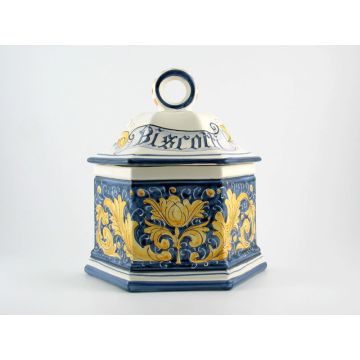 Italian cookie jar from the Rinascimento Blu e Giallo collection handmade by Ceramiche Rampini in Gubbio, Italy
