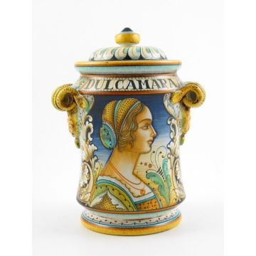 Italian apothecary jar  featuring a Renaissance-style portrait of Isabella handmade by Alvaro Binaglia in Deruta Italy - main image