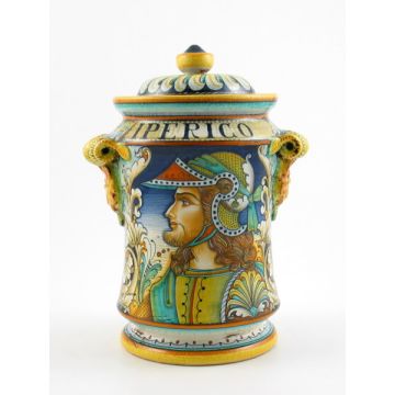 Italian apothecary jar  featuring a Renaissance-style portrait of a warrior with long hair handmade by Alvaro Binaglia in Deruta Italy - main image