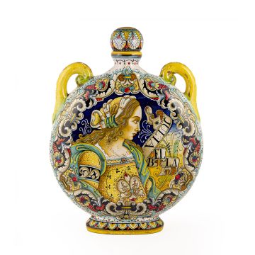 Italian pilgrim flask featuring a Renaissance-style portrait of Julia Bella handmade by Alvaro Binaglia in Deruta Italy - main image