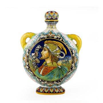 Italian pilgrim flask featuring two Renaissance-style portraits handmade by Alvaro Binaglia in Deruta Italy - main image