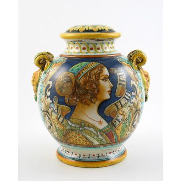 Italian table lamp featuring a Renaissance-style portrait of Laura handmade by Alvaro Binaglia in Deruta Italy - main image