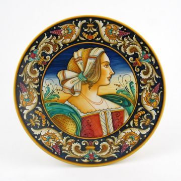 Italian wall plate featuring a Renaissance-style portrait of Artemisia handmade by Alvaro Binaglia in Deruta Italy - main image