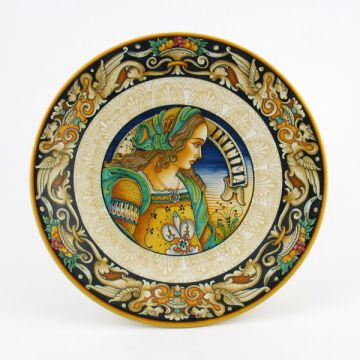 Italian wall plate featuring a Renaissance-style portrait of Julia Bella handmade by Alvaro Binaglia in Deruta Italy - main image