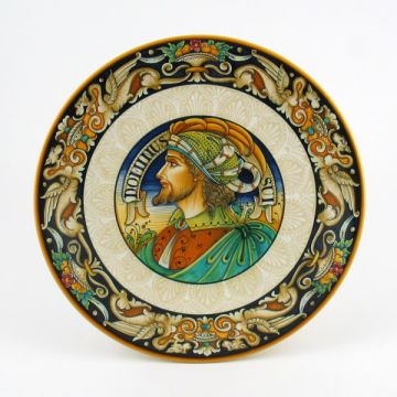 Italian wall plate featuring a Renaissance-style portrait of Antonio Bello handmade by Alvaro Binaglia in Deruta Italy - main image