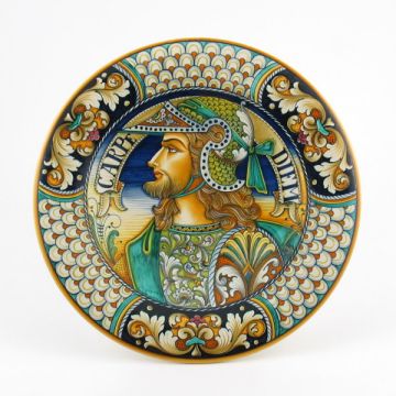 Italian wall plate featuring a Renaissance-style portrait of a warrior with long hair handmade by Alvaro Binaglia in Deruta Italy - main image