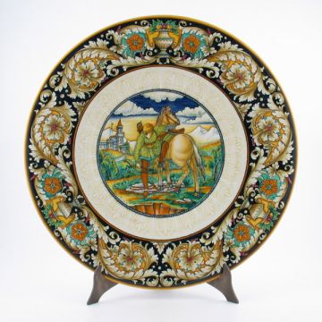 Italian wall plate featuring a Renaissance-style portrait of a knight handmade by Alvaro Binaglia in Deruta Italy - main image