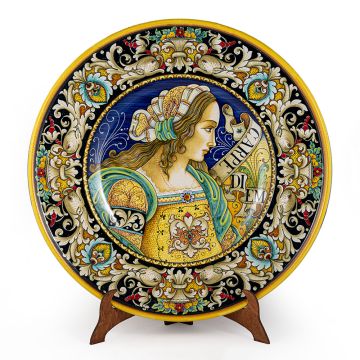 Italian wall plate featuring a Renaissance-style portrait of Julia Bella handmade by Alvaro Binaglia in Deruta Italy - main image