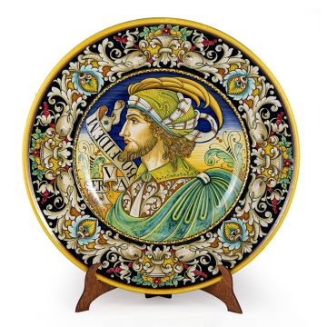 Italian wall plate featuring a Renaissance-style portrait of Antonio Bello handmade by Alvaro Binaglia in Deruta Italy - main image