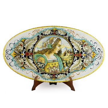 Italian wall plate featuring a Renaissance-style portrait of Julia Bella handmade by Alvaro Binaglia in Deruta Italy - main image