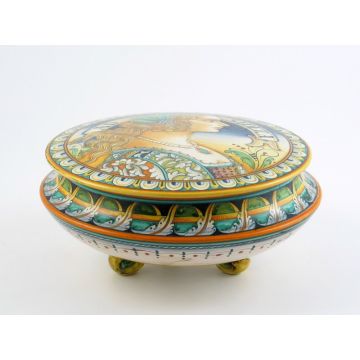 Italian footed box jar featuring a Renaissance-style portrait of a woman with pearls handmade by Alvaro Binaglia in Deruta Italy - main image