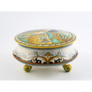 Italian footed box jar featuring a Renaissance-style portrait of Julia Bella handmade by Alvaro Binaglia in Deruta Italy - main image