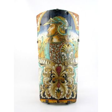 Italian wall lamp featuring a Renaissance-style portrait of a warrior with long hair handmade by Alvaro Binaglia in Deruta Italy - main image