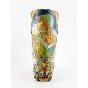 Italian wall lamp featuring a Renaissance-style portrait of Angiolo handmade by Alvaro Binaglia in Deruta Italy - main image