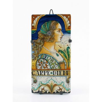 Italian tile plaque featuring a Renaissance-style portrait of a woman with pearls handmade by Alvaro Binaglia in Deruta Italy - main image