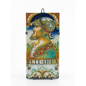 Italian tile plaque featuring a Renaissance-style portrait of a warrior with helmet handmade by Alvaro Binaglia in Deruta Italy - main image