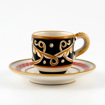Barocco Nero Italian espresso cup and saucer handmade by Fima in Deruta
