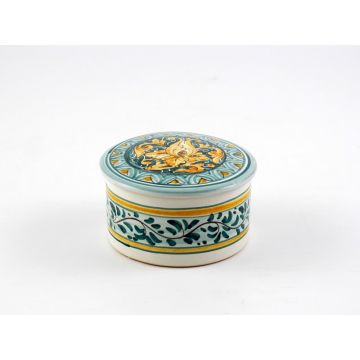 Italian hand-painted ceramic keepsake box from the Rinascimento collection handmade by Ceramiche Rampini in Gubbio, Italy
