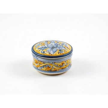 Italian hand-painted ceramic keepsake box from the Rinascimento collection handmade by Ceramiche Rampini in Gubbio, Italy