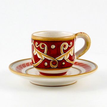 Barocco Rosso Italian espresso cup and saucer handmade by Fima in Deruta
