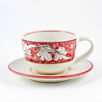 Italian tea cup and saucer from the Rinascimento Rosa e Bianco collection handmade by Ceramiche Rampini in Gubbio, Italy