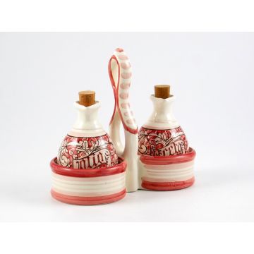 Italian oil and vinegar set from the Rinascimento Rosa e Bianco collection handmade by Ceramiche Rampini in Gubbio, Italy