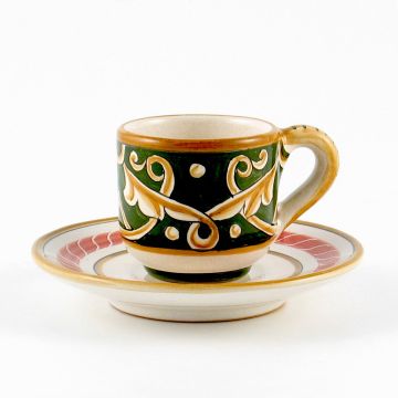 Barocco Verde Italian espresso cup and saucer handmade by Fima in Deruta