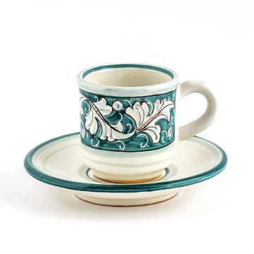 Italian espresso cup and saucer from the Rinascimento Verde e Bianco collection handmade by Ceramiche Rampini in Gubbio, Italy