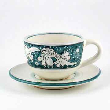 Italian tea cup and saucer from the Rinascimento Verde e Bianco collection handmade by Ceramiche Rampini in Gubbio, Italy