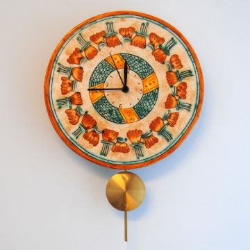 Italian wall clock with pendulum handmade in Mantua using the traditional sgraffito method