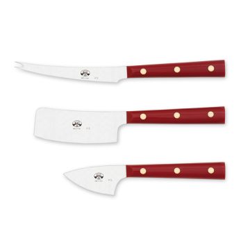 Cerimonia set of 3 cheese knives with red lucite handles handcrafted by Coltellerie Berti in Scarperia, Italy