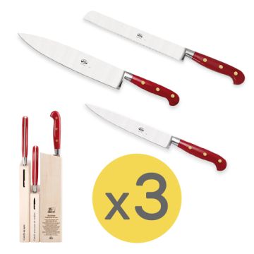 Forgiato Insieme Red set of 3 kitchen knives handcrafted by Coltellerie Berti in Scarperia, Italy