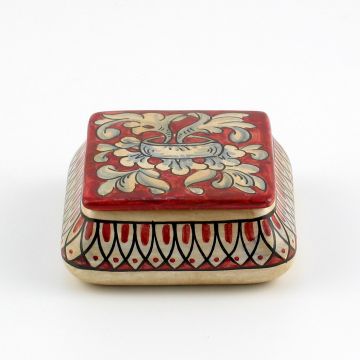 Italian red and cream keepsake box handmade by Ceramiche Magnanelli in Gubbio, Italy