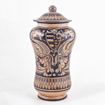 Italian blue and cream apothecary jar handmade by Ceramiche Magnanelli in Gubbio, Italy