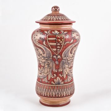 Italian red and cream apothecary jar handmade by Ceramiche Magnanelli in Gubbio, Italy