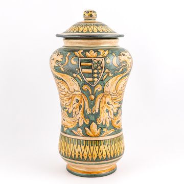 Italian green and cream apothecary jar handmade by Ceramiche Magnanelli in Gubbio, Italy