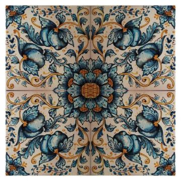 Italian modular tile panel Blue Lemons hand-painted by Ghenos in Messina, Sicily
