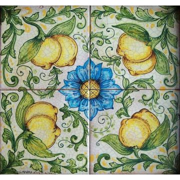 Italian modular tile panel Lemons 3 hand-painted by Ghenos in Messina, Sicily