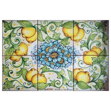 Italian backsplash panel Lemons 2 hand-painted by Ghenos in Messina, Sicily