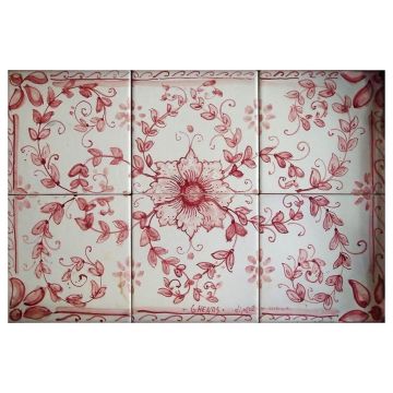 Italian tile panel Pink Flowers hand-painted by Ghenos in Messina, Sicily