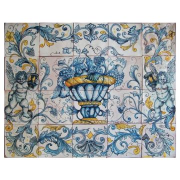 Italian tile panel Pink Angels with Fruit hand-painted by Ghenos in Messina, Sicily