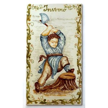 Italian wall tile plaque Four seasons Winter hand-painted by Ghenos in Messina, Sicily