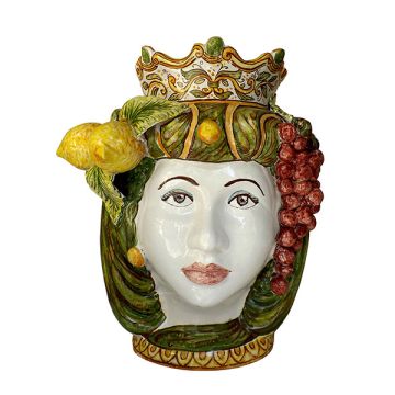 Sicilian ceramic Moorish head Lady with lemons handmade by Ghenos