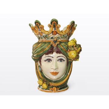 Sicilian Moorish head with lemons. It features a female character decorated in rich shades of green and orange. It is handcrafted in Caltagirone, Italy. Large