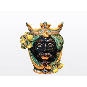 Sicilian head with lemons. It features a Moorish character decorated in rich shades of green and orange. It is handcrafted in Caltagirone, Italy. Small