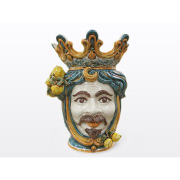 Sicilian Moorish head with lemons. It features a male character decorated in rich shades of blue and orange. It is handcrafted in Caltagirone, Italy. Large
