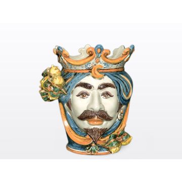 Sicilian Moorish head with lemons. It features a male character decorated in rich shades of blue and orange. It is handcrafted in Caltagirone, Italy. Small