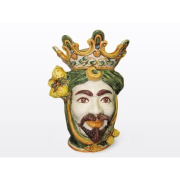 Sicilian Moorish head with lemons. It features a male character decorated in rich shades of green and orange. It is handcrafted in Caltagirone, Italy. Large